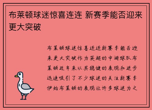 布莱顿球迷惊喜连连 新赛季能否迎来更大突破
