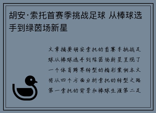 胡安·索托首赛季挑战足球 从棒球选手到绿茵场新星